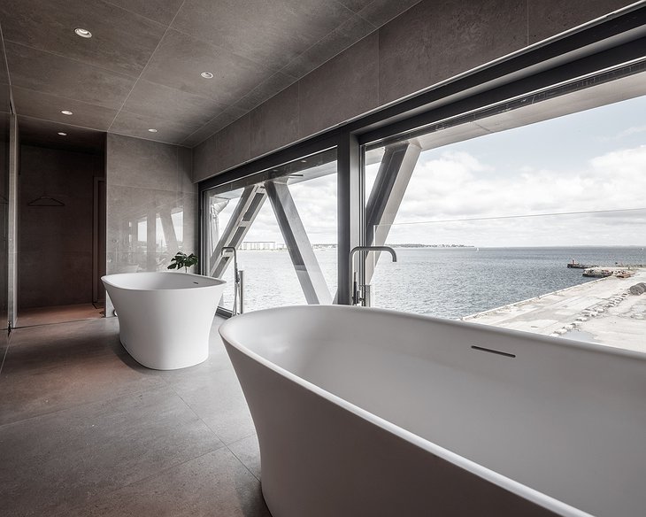 TheKrane bathroom with two bathtubs and panoramic windows