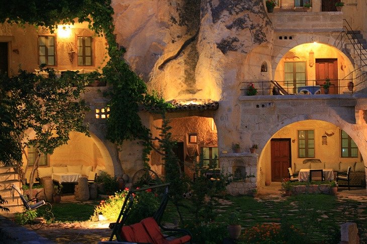 cave hotel at night