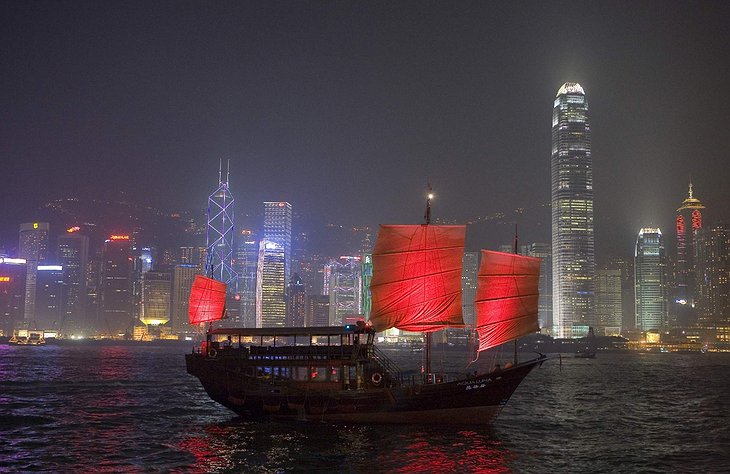 Hong Kong with a sailing boat at night