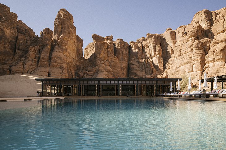 Habitas AlUla Pool With The Main Building And Rock Formations