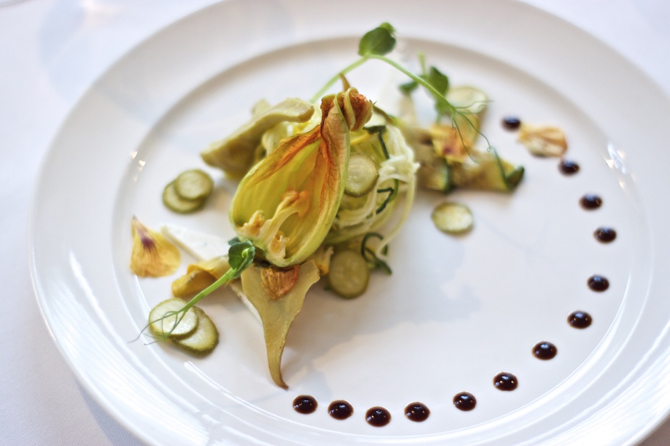 Artichoke, courgette salad & feta & truffle terrine