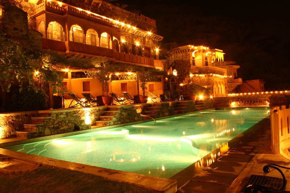 Neemrana Fort Palace swimming pool at night