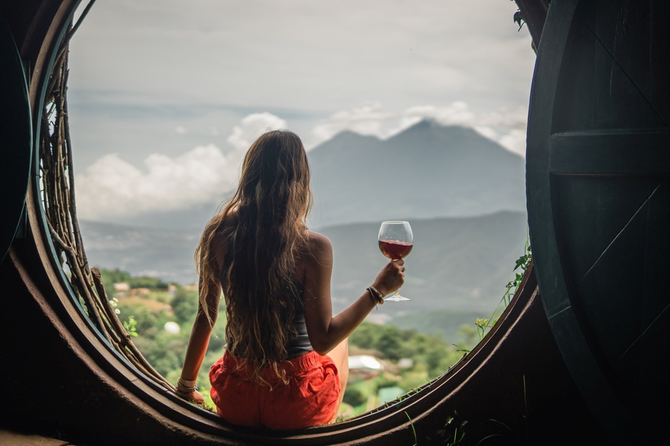 Hobbitenango Hobbit House Rounded Window with Volcano Views