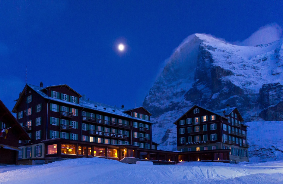 Hotel Bellevue Des Alpes Historic Building At Night