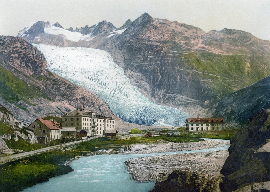 Historical photo of the Rhône Glacier and the surrounding buildings