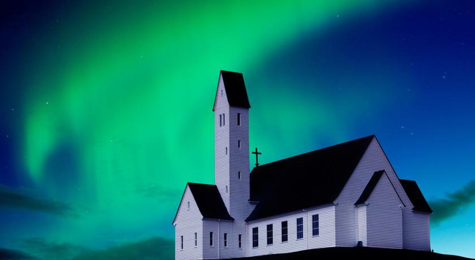 Icelandic church and northern lights