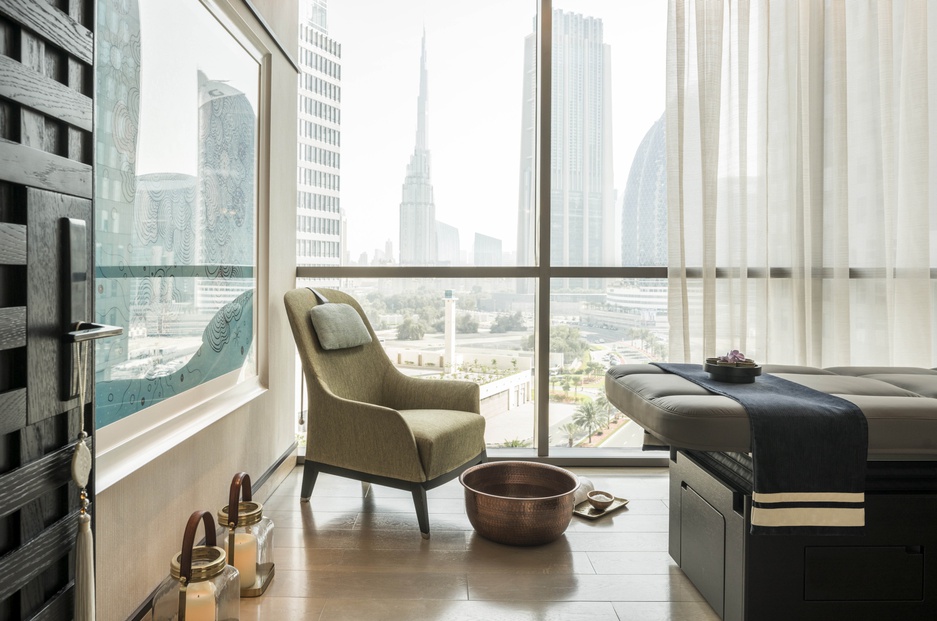 Four Seasons Dubai DIFC massage room with city panorama