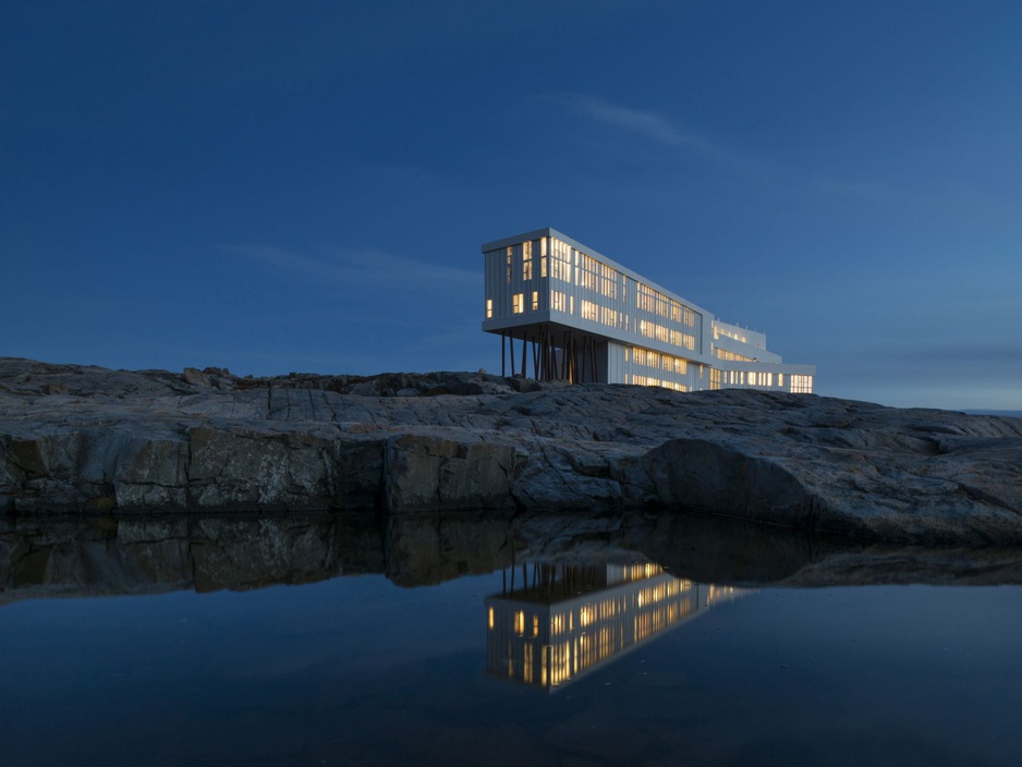 Fogo Island Inn building at night