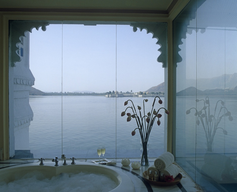 Lake Palace Hotel bathroom with lake view