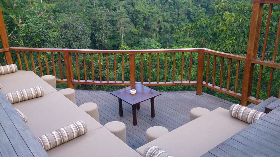 Seating area below the pools at Hanging Gardens Ubud