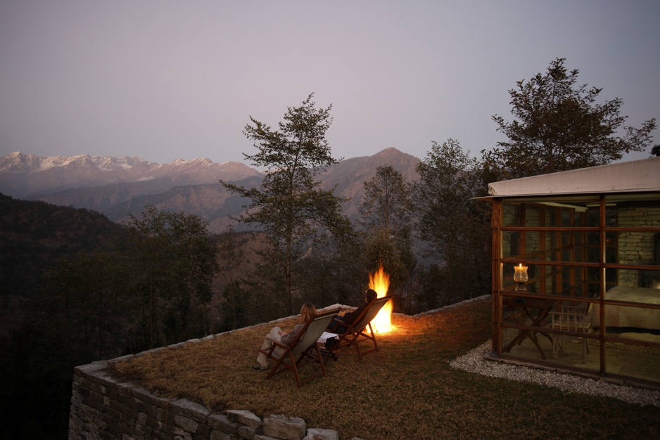 On the terrace at night with campfire