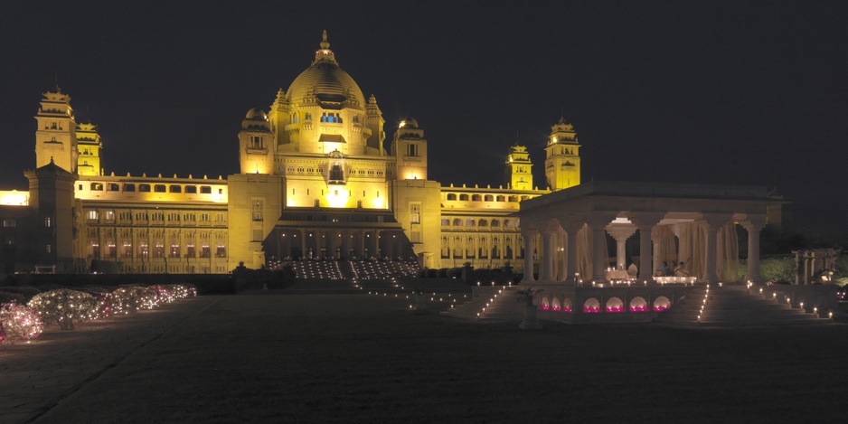 Umaid Bhawan Palace exterior at night