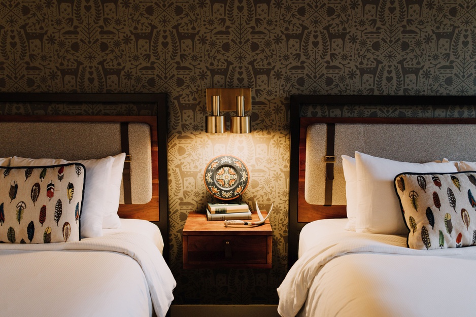 Hewing Hotel Twin Room Wallpaper and Bed Design