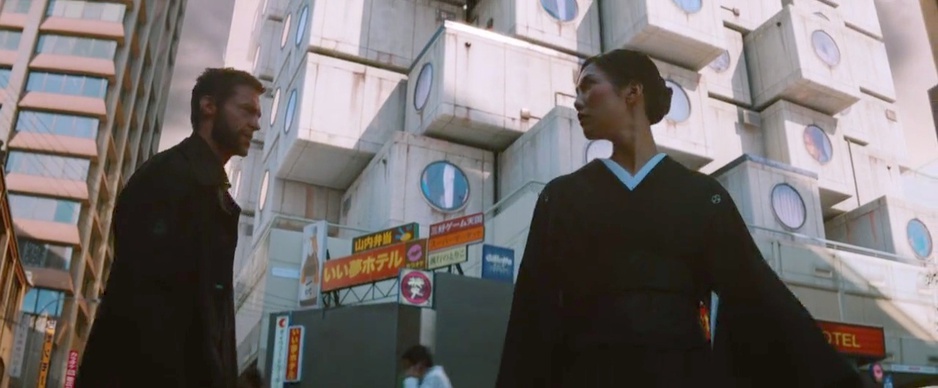 The Wolverine movie with Nakagin Capsule Tower in the background