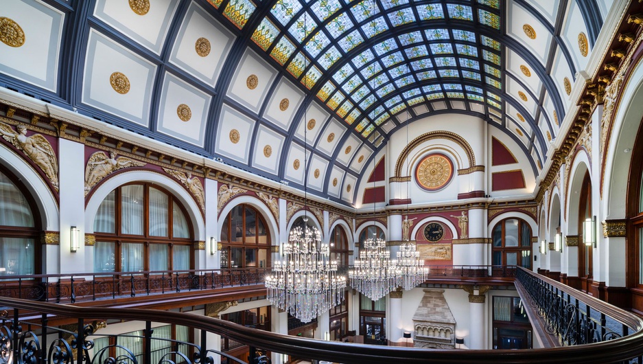 The Union Station Nashville Yards Hotel Grand Lobby's Ceiling Stained Glass