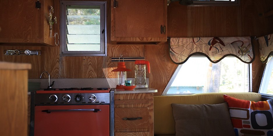 Inside the vintage trailer