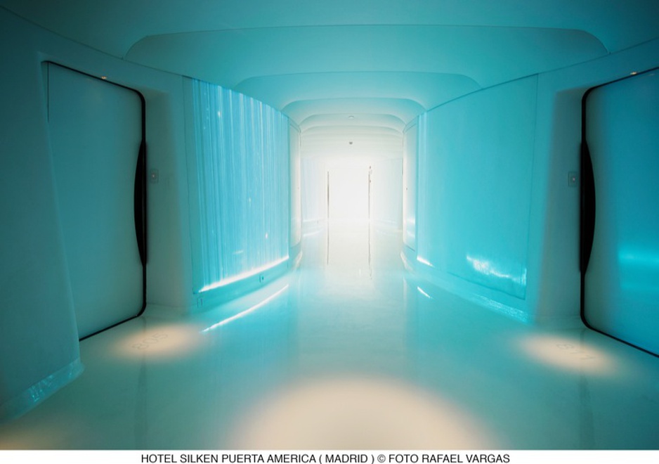 Hotel Silken Puerta América Madrid blue illuminated corridor