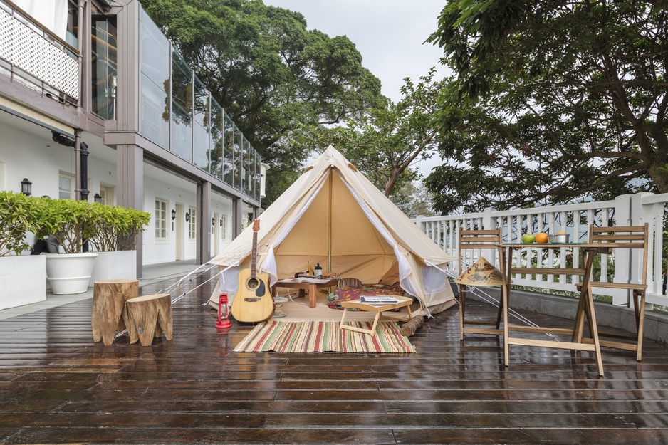 Tai O Heritage Hotel glamping in a tent on the terrace