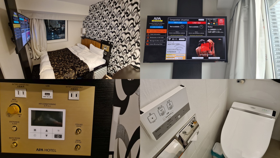 A typical room in a Japanese business hotel | tiny room | smart TV | smart display |high-tech toilet