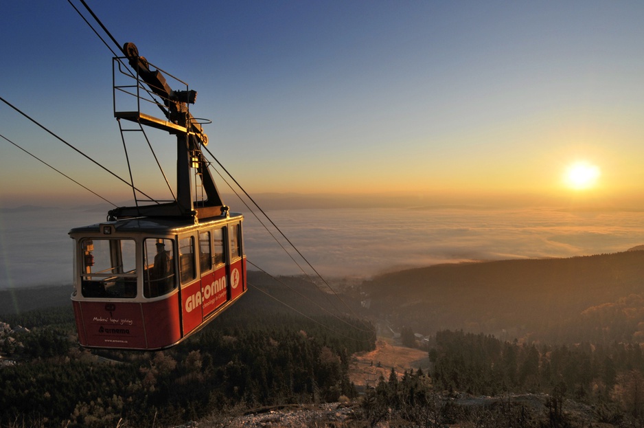 Cable car going up the Ještěd Mountain