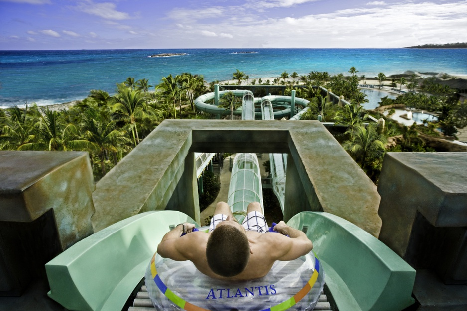 Man on the surge slide at Aquaventure