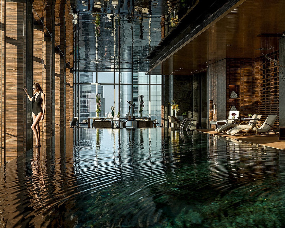 Regent Shanghai Pudong Swimming Pool With A Girl In Black Swimsuit