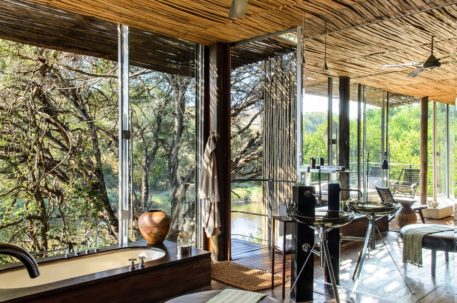 Singita Sweni Lodge bathroom at the large windows