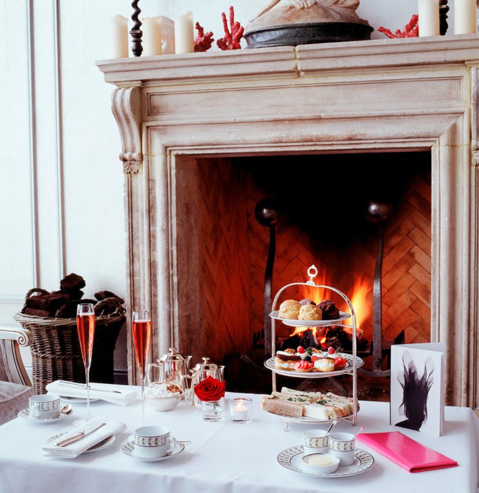 The G Hotel fireplace with cookies and wine