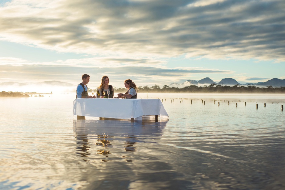 Oyster dinner in the water in Tasmania