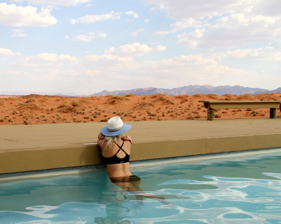 Wolwedans Dunes Lodge pool with desert view