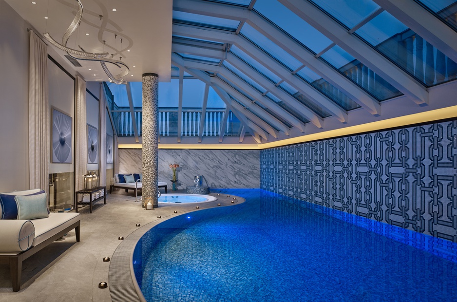 The Ritz-Carlton Hotel Budapest indoor pool and Jacuzzi in the evening