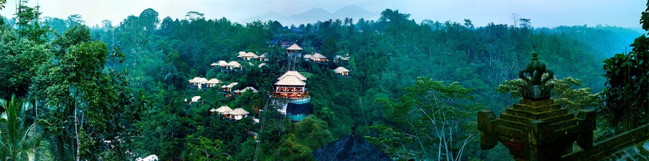 Panoramic shot of whole resort from temple at Hanging Gardens Ubud