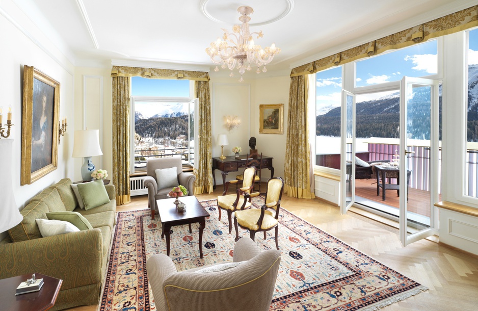 Badrutt’s Palace Hotel living room with Alps views