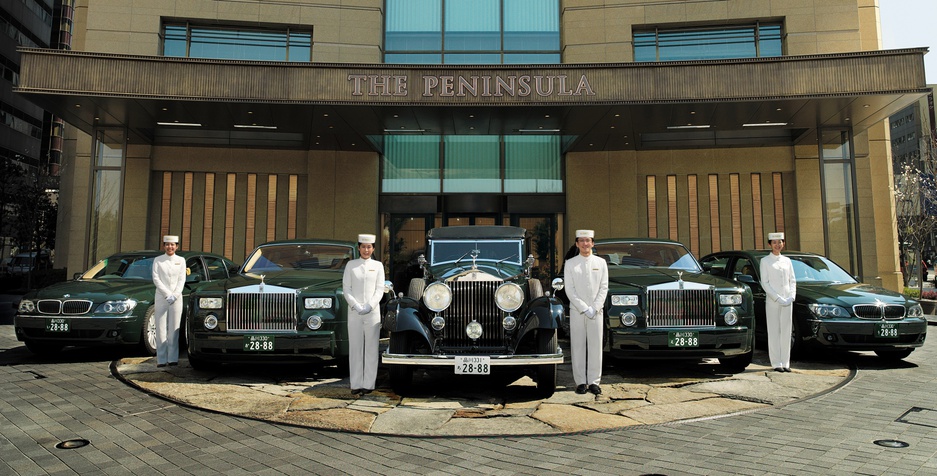 Peninsula Hotel Tokyo fleet of luxury cars: Rolls Royce, BMW