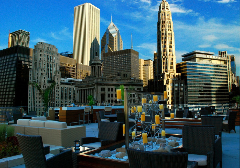 Trump Hotel Chicago rooftop with Chicago skyline panorama