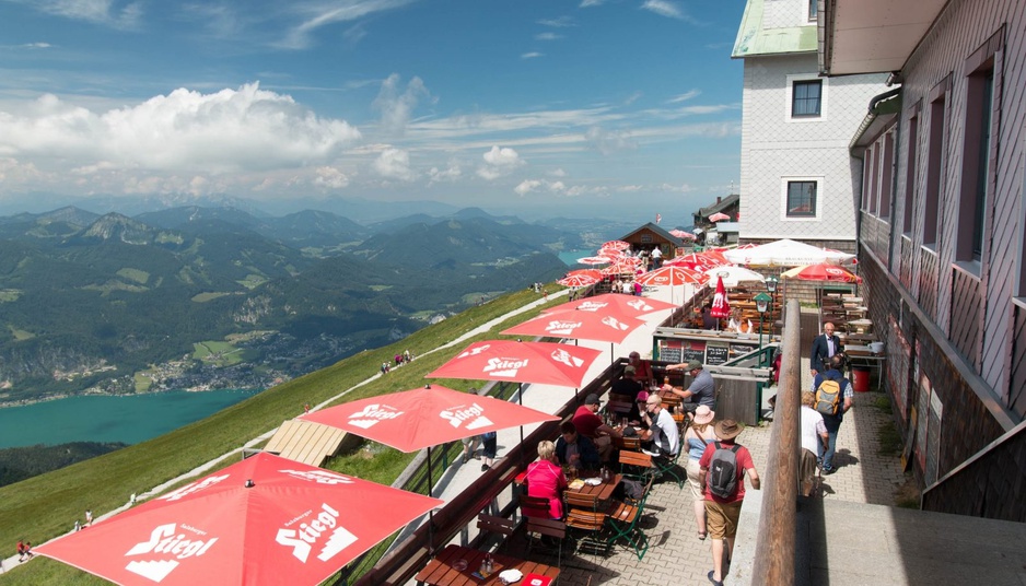 Hotel Schafberg terrace with lake panorama