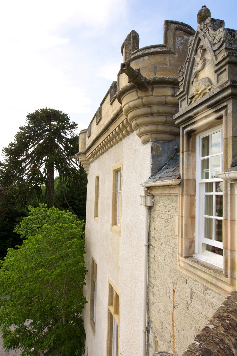 Tulloch Castle Hotel facade and the nature around