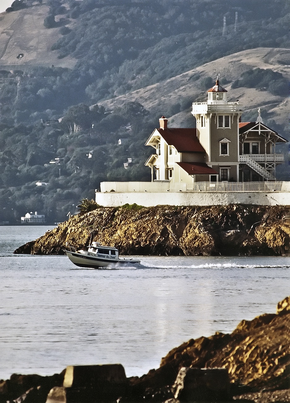 East Brother Light Station and a boat in the bay