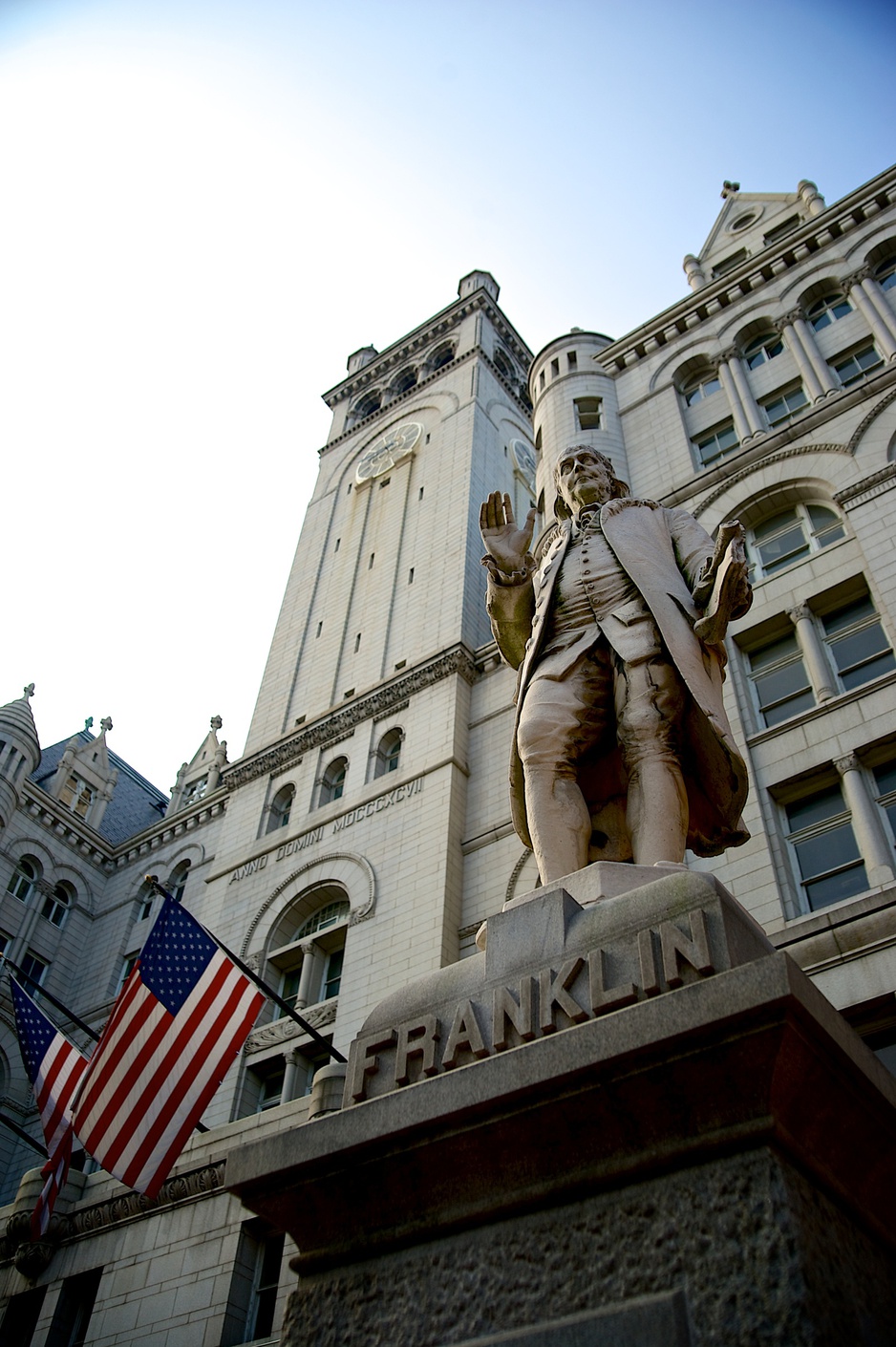 Trump International Hotel Washington building facade with American flag