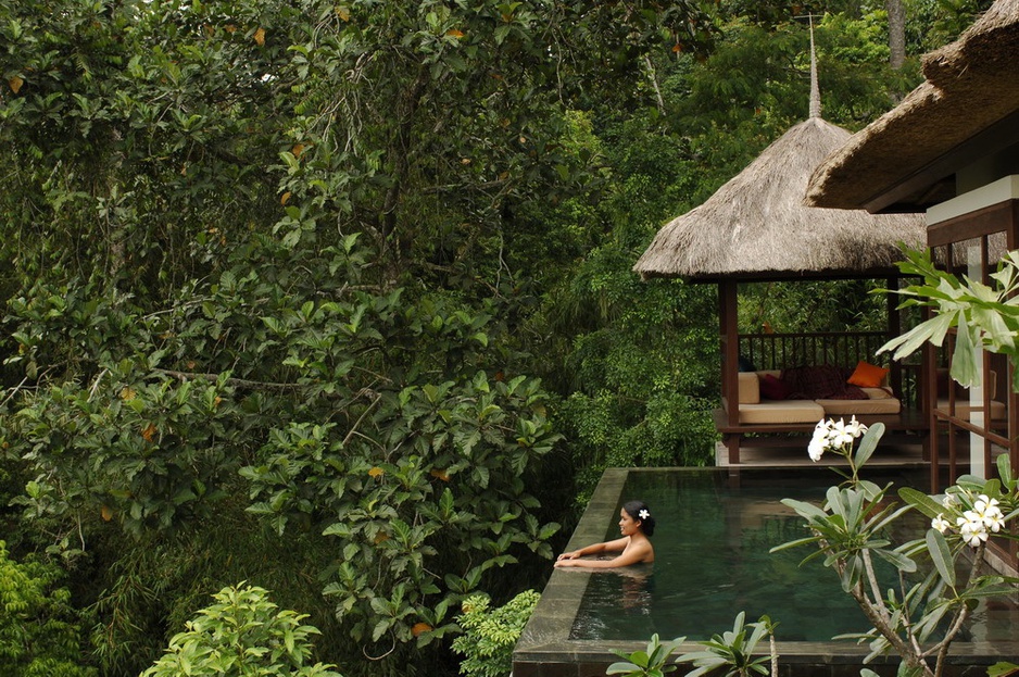 Riverside Villa exterior showing pool, bale and view