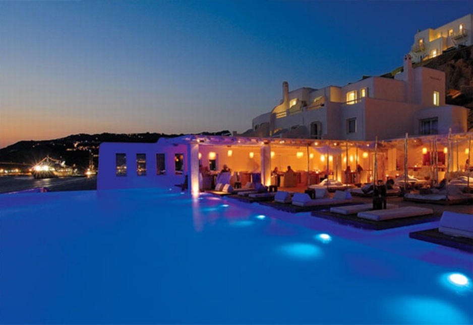 Cavo Tagoo swimming pool at night