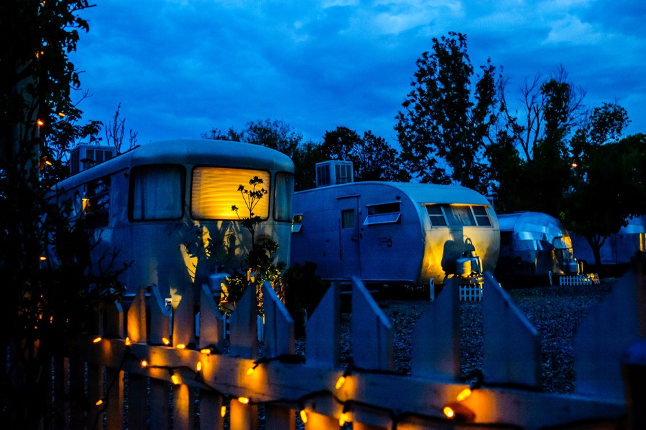 The Shady Dell trailers at night