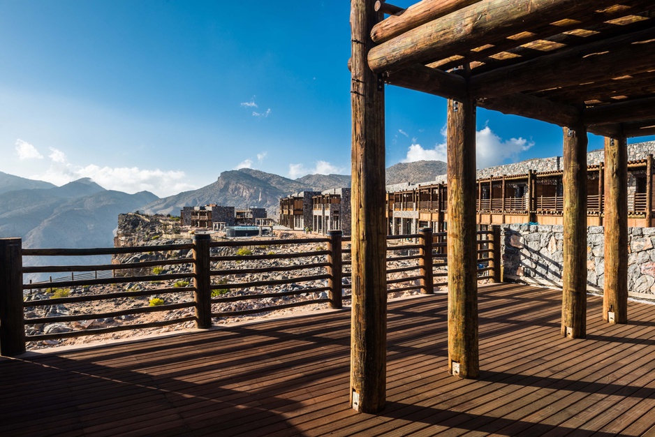 Alila Jabal Akhdar terrace shades and buildings on the top of the cliff