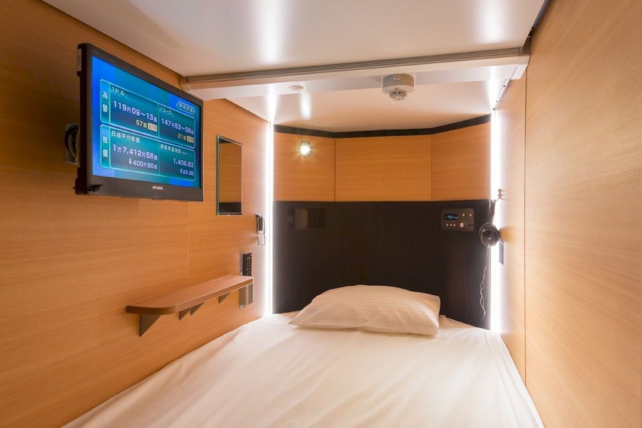 Capsule Hotel Rumor Plaza capsule interior with TV