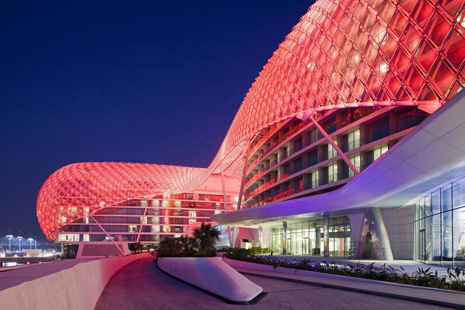 Glowing facade of Yas Viceroy hotel