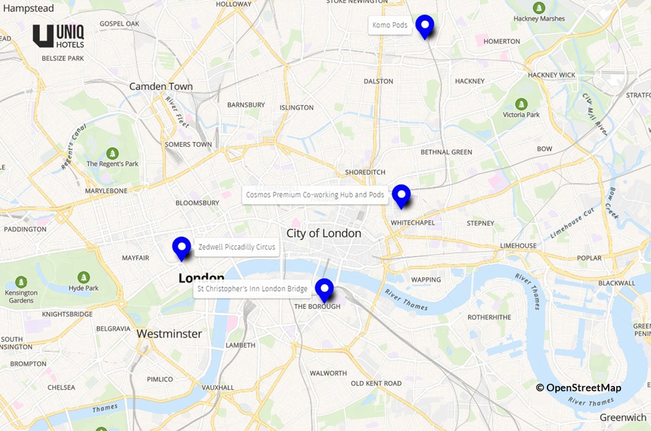 London's Capsule Hotels on a Map