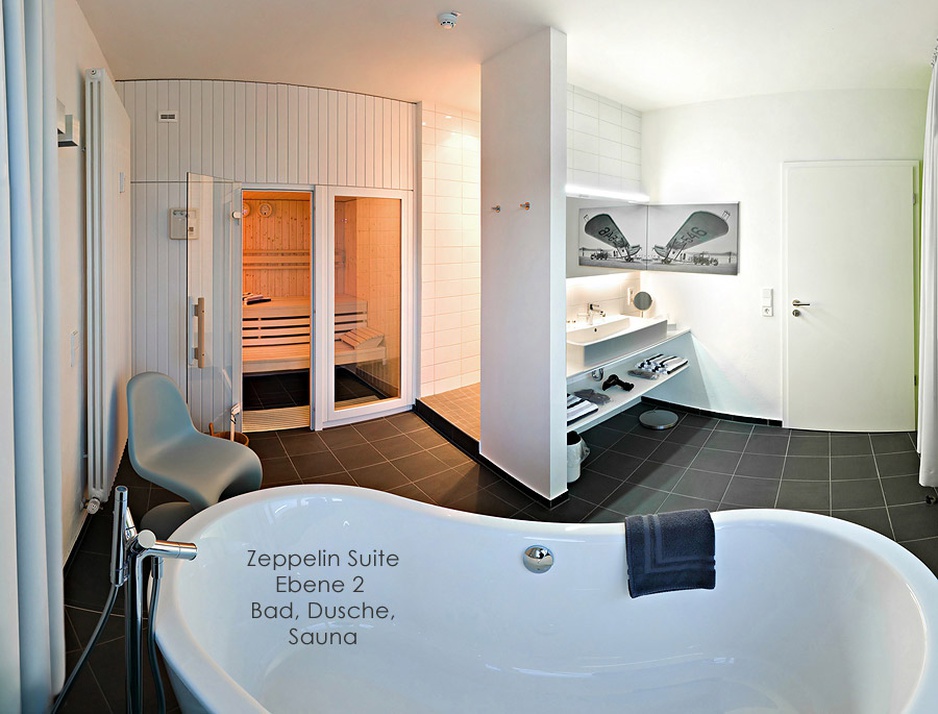 Zeppelin Suite bathroom with sauna in V8 Hotel