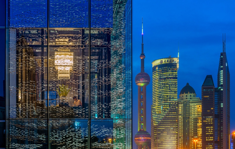 Regent Shanghai Pudong see-through facade and Shanghai skyline