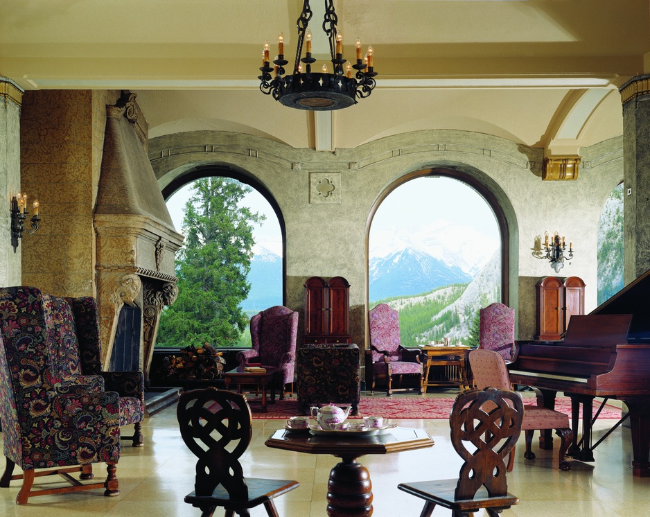 Fairmont Banff Springs Hotel room with piano and view to mountains