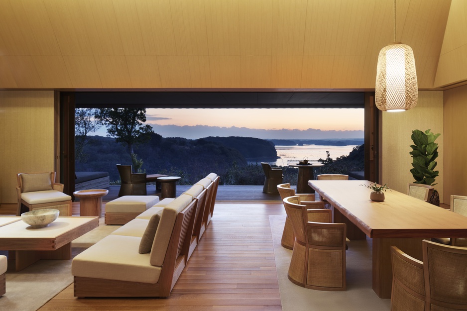 Amanemu hotel Nagi Villa living room with bay view